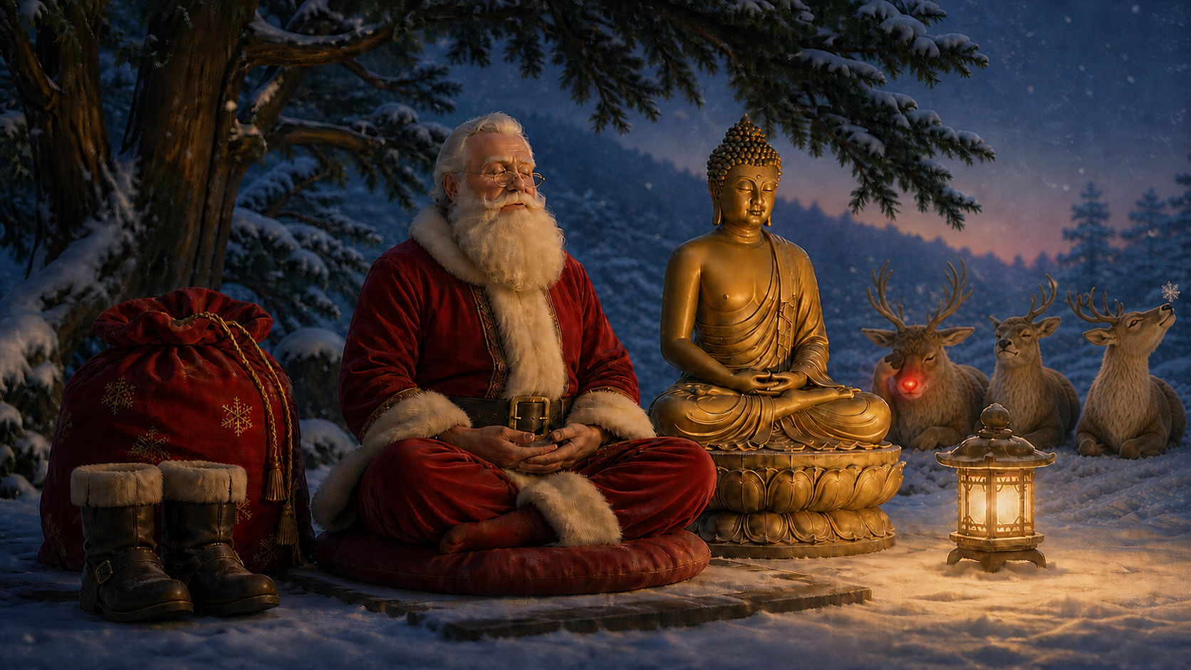 Santa meditating beside a golden Buddha statue while three reindeer make different attempts to meditate in a snowy forest.